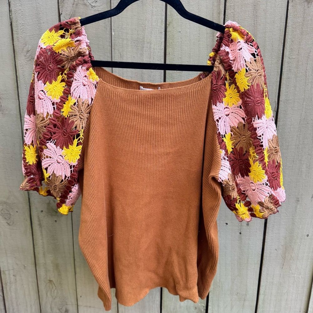 Cato Knit Top with Floral Sleeves in Brown and Yellow